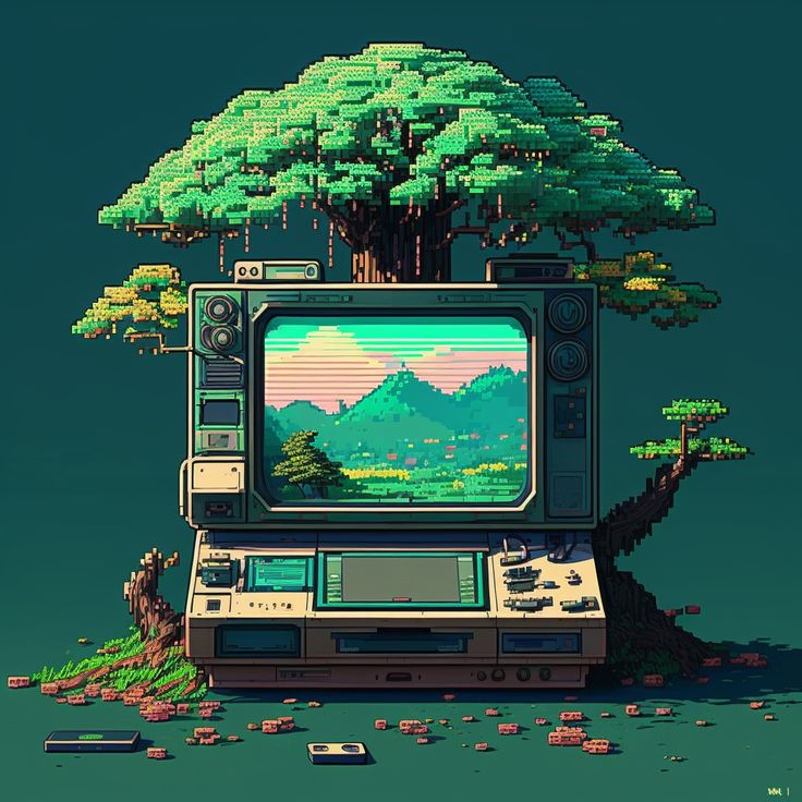 Forest.Exe: a pixel CRT under a giant pixel tree in a clearing, its screen streaming a green landscape.